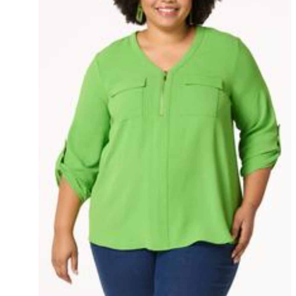 Women's Plus Petites Green V-Neck Blouse